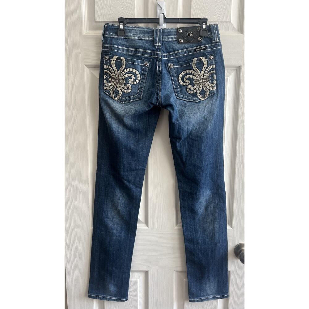 MISS ME Women's Medium Wash Fleur-De-Lis Skinny JP604855 Mid-Rise Jeans Sz 28 - Picture 6 of 16